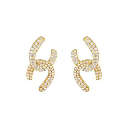Pearl and Cubic Zirconia Interlocked Stud Earrings, stud earrings for women, botanical inspired, front view