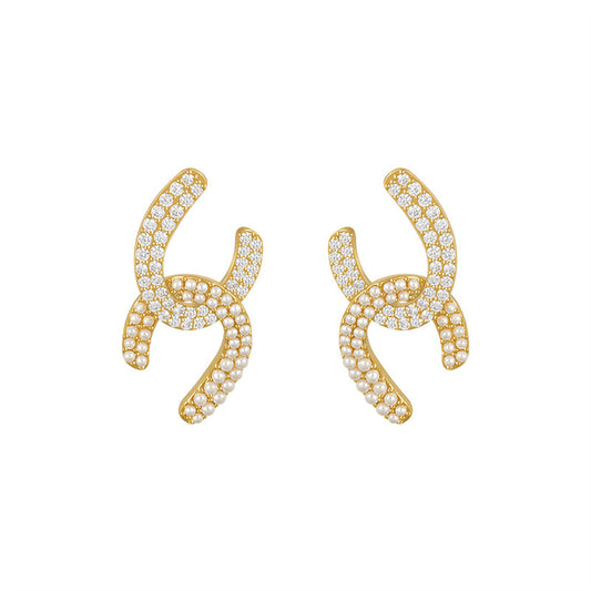 Pearl and Cubic Zirconia Interlocked Stud Earrings, stud earrings for women, botanical inspired, front view