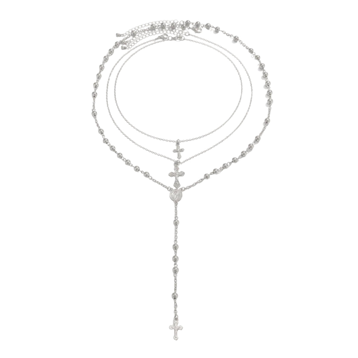 Silvertone Beads Chain Cross Pendant Drop Necklace Set, silver pendant necklace for women, everyday style, front view