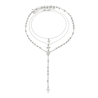 Silvertone Beads Chain Cross Pendant Drop Necklace Set, silver pendant necklace for women, everyday style, front view