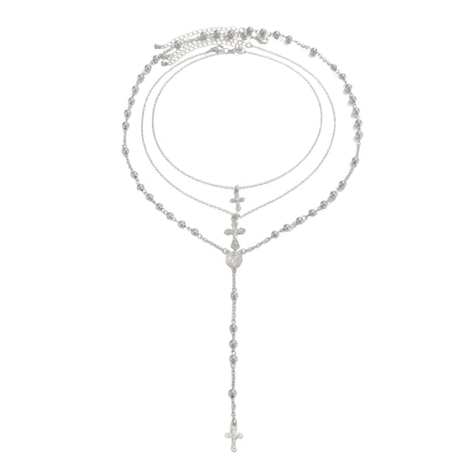 Silvertone Beads Chain Cross Pendant Drop Necklace Set, silver pendant necklace for women, everyday style, front view