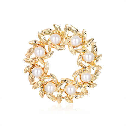 Pearl and 18K Gold-Plated Wreath Brooch, gold brooch pin, dainty minimalist design, front view