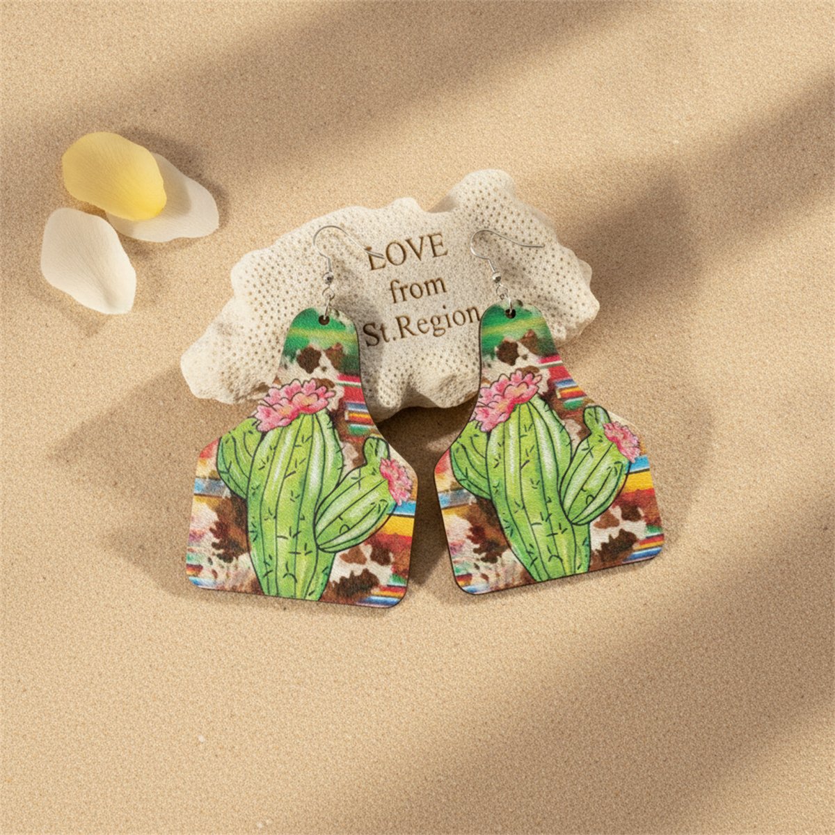 Green Polystyrene and Silver-Plated Cactus Drop Earrings, silver drop earrings for women, lifestyle look