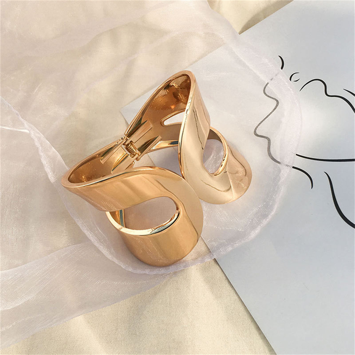 18K Gold-Plated Openwork Drop End Hinge Bangle, gold bangle bracelet, botanical inspired, side view