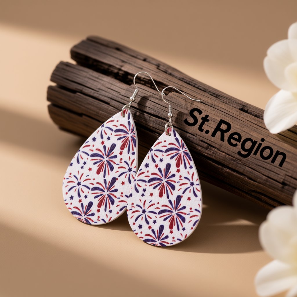 White and Blue Polystyrene Fireworks Teardrop Drop Earrings, drop earrings for women, elegant gift for her, front view