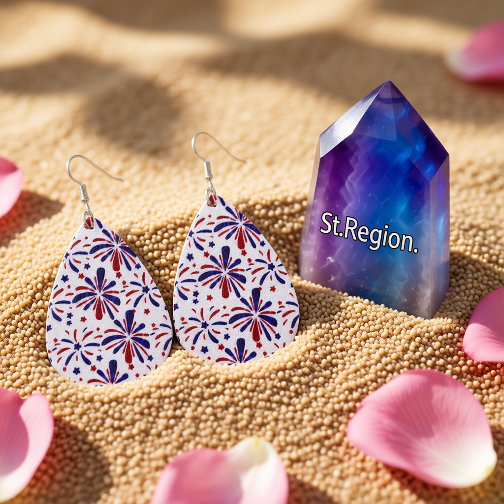 White and Blue Polystyrene Fireworks Teardrop Drop Earrings, drop earrings for women, detail close-up