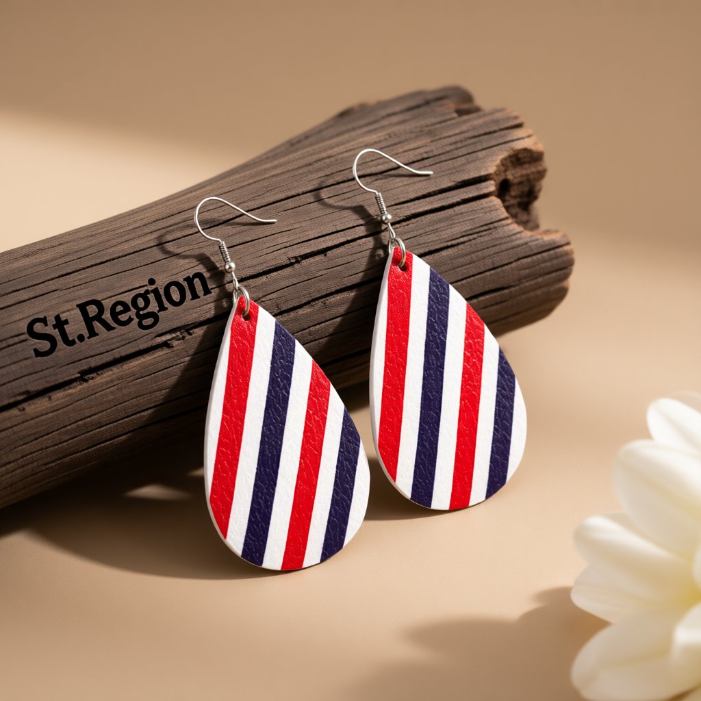 Red and Blue Polystyrene Stripe Teardrop Drop Earrings, drop earrings for women, elegant gift for her, front view
