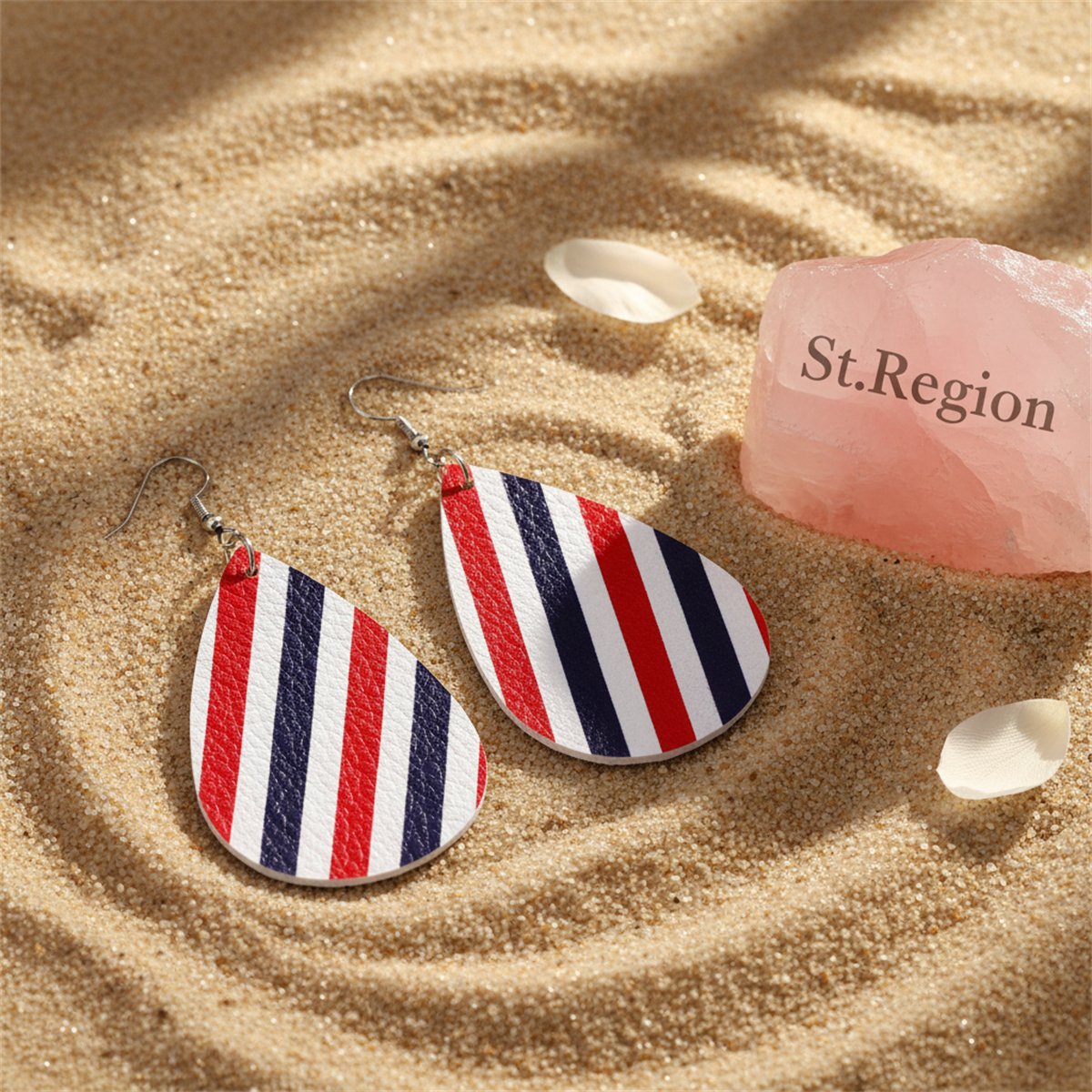 Red and Blue Polystyrene Stripe Teardrop Drop Earrings, drop earrings for women, elegant gift for her, detail close-up