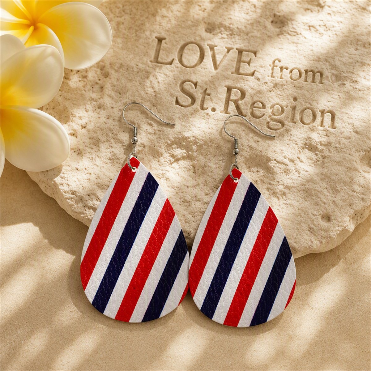 Red and Blue Polystyrene Stripe Teardrop Drop Earrings, drop earrings for women, elegant gift for her, lifestyle look