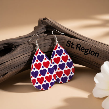 Blue and Red Polystyrene Dot Heart Teardrop Drop Earrings, drop earrings for women, dainty minimalist design, front view