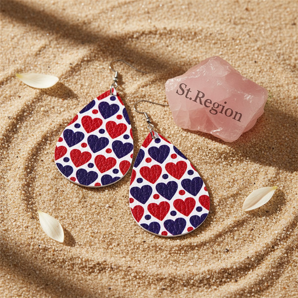 Blue and Red Polystyrene Dot Heart Teardrop Drop Earrings, drop earrings for women, dainty minimalist design, detail close-up