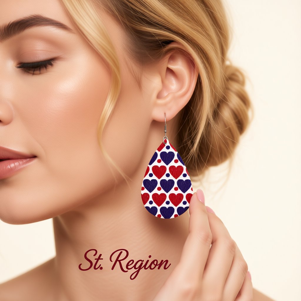 Blue and Red Polystyrene Dot Heart Teardrop Drop Earrings, drop earrings for women, dainty minimalist design, styled look