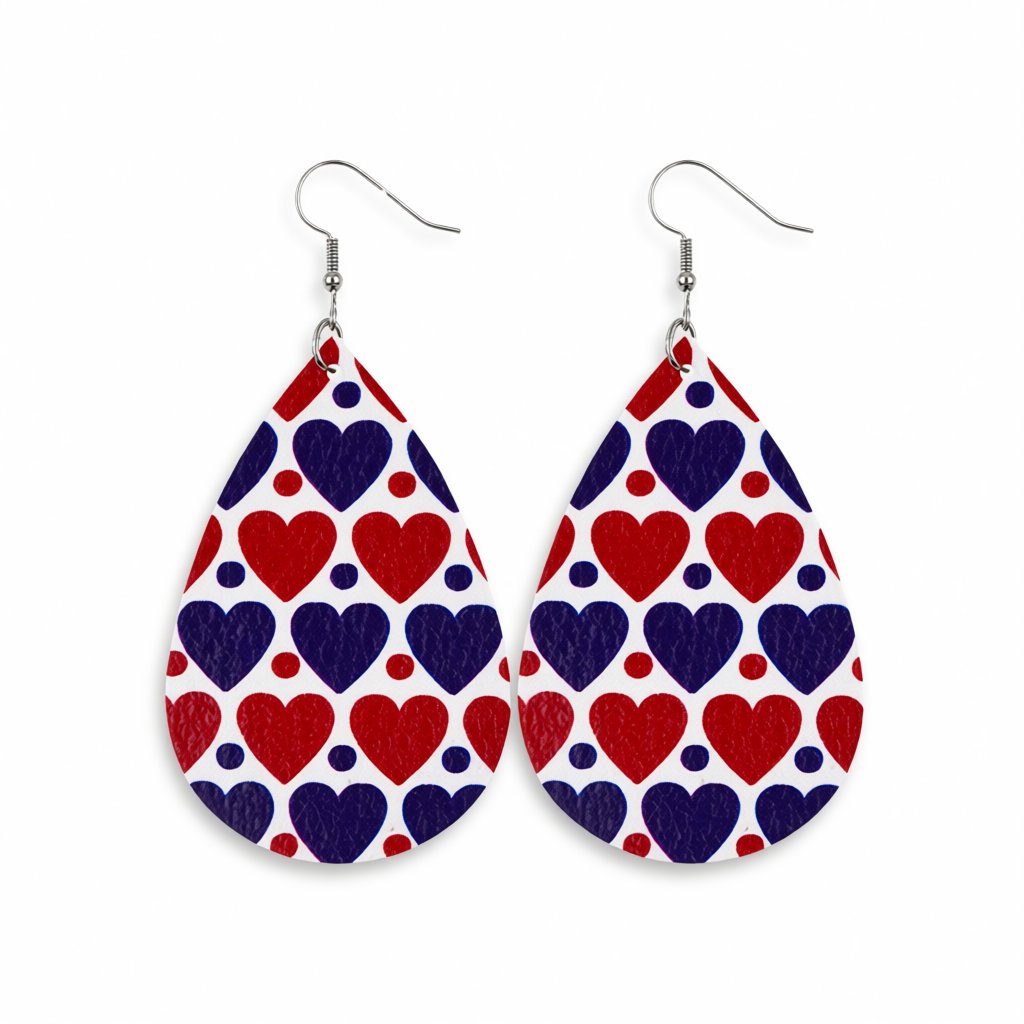 Blue and Red Polystyrene Dot Heart Teardrop Drop Earrings, drop earrings for women, dainty minimalist design, side view