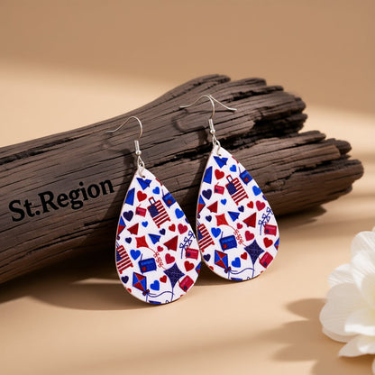 White and Blue Polystyrene Patriotic Teardrop Drop Earrings, drop earrings for women, botanical inspired, front view