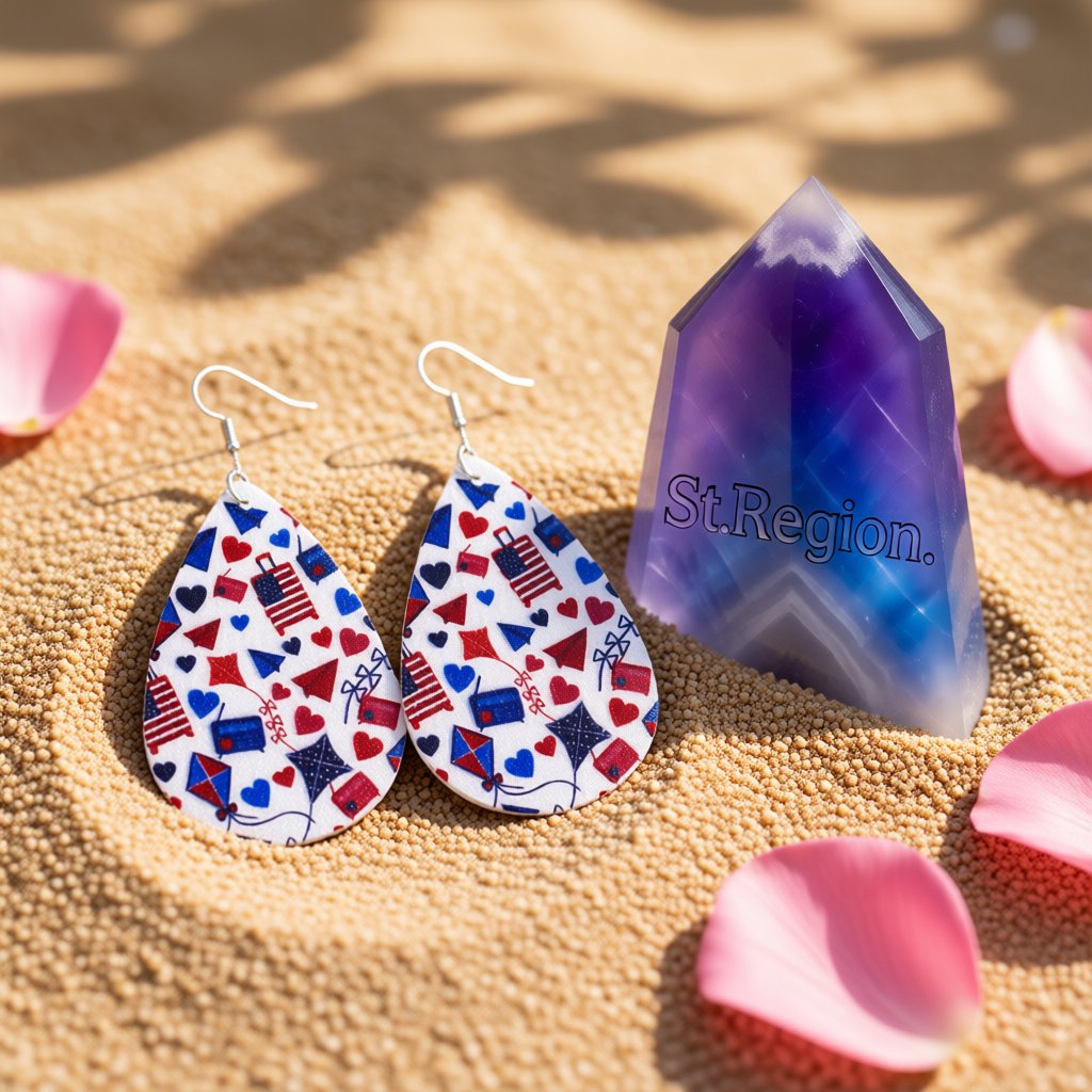 White and Blue Polystyrene Patriotic Teardrop Drop Earrings, drop earrings for women, detail close-up