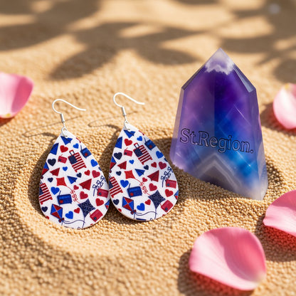 White and Blue Polystyrene Patriotic Teardrop Drop Earrings, drop earrings for women, detail close-up