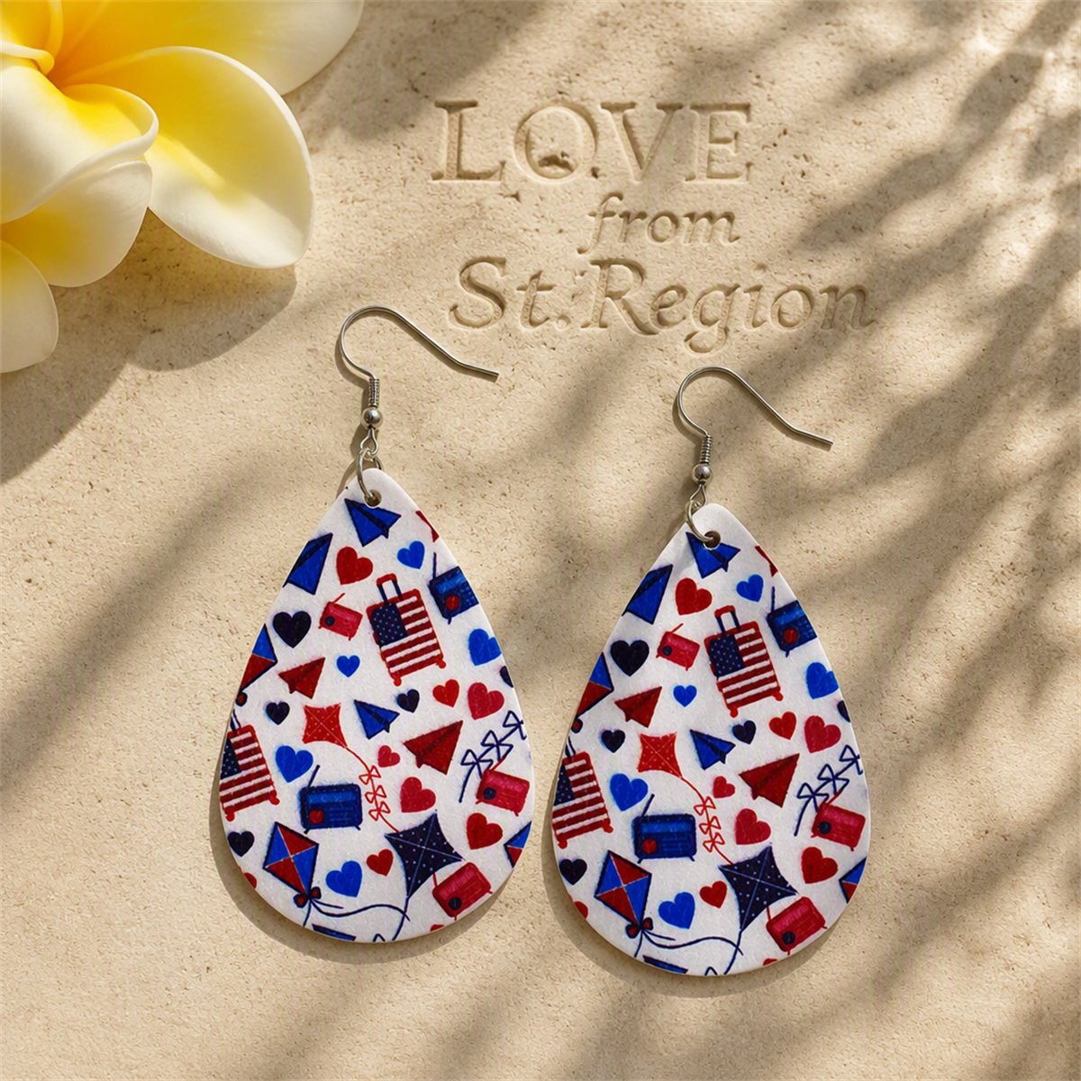 White and Blue Polystyrene Patriotic Teardrop Drop Earrings, drop earrings for women, botanical inspired, lifestyle look