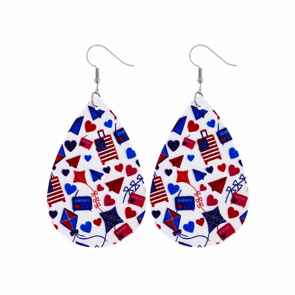 White and Blue Polystyrene Patriotic Teardrop Drop Earrings, drop earrings for women, botanical inspired, side view