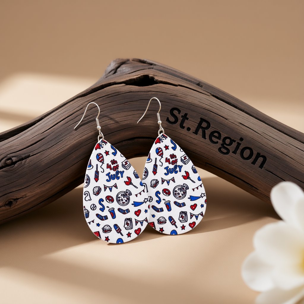 White and Blue Polystyrene '4Th Of July' Party Drop Earrings, drop earrings for women, everyday style, front view