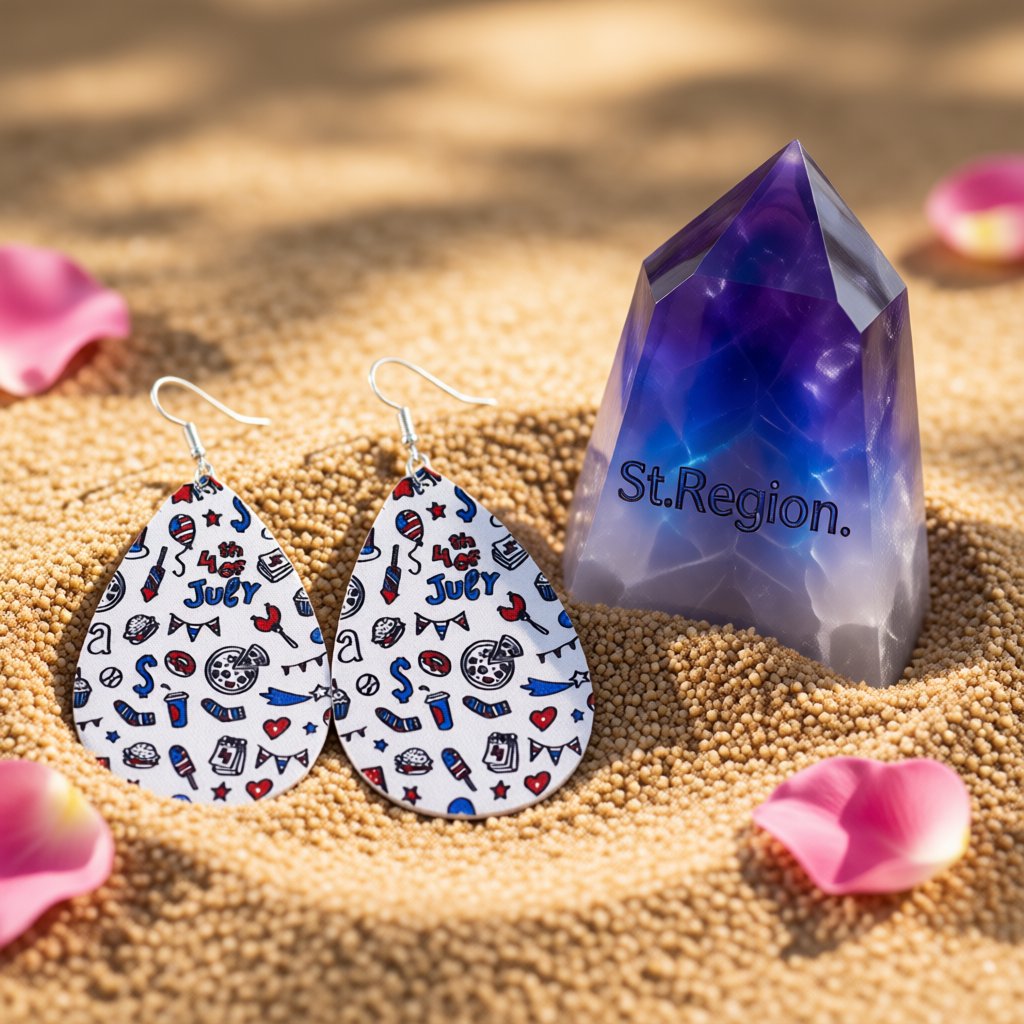 White and Blue Polystyrene '4Th Of July' Party Drop Earrings, drop earrings for women, everyday style, detail close-up