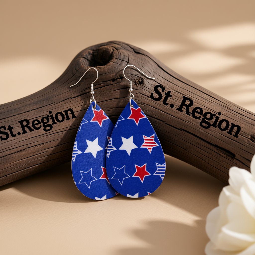 Blue and Red Polystyrene Star Teardrop Drop Earrings, drop earrings for women, botanical inspired, front view