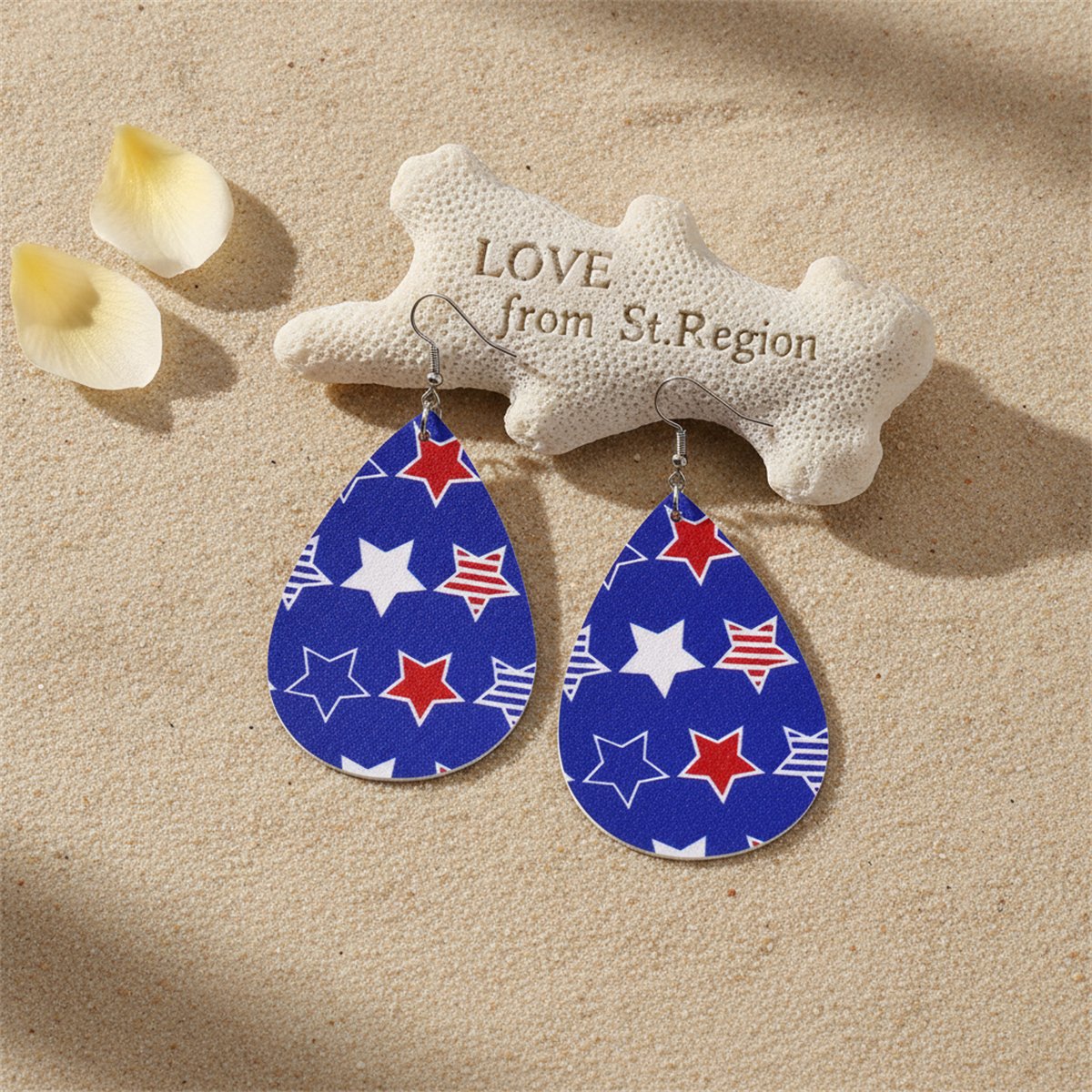 Blue and Red Polystyrene Star Teardrop Drop Earrings, drop earrings for women, botanical inspired, lifestyle look