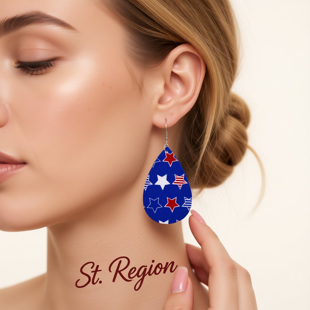 Blue and Red Polystyrene Star Teardrop Drop Earrings, drop earrings for women, botanical inspired, styled look