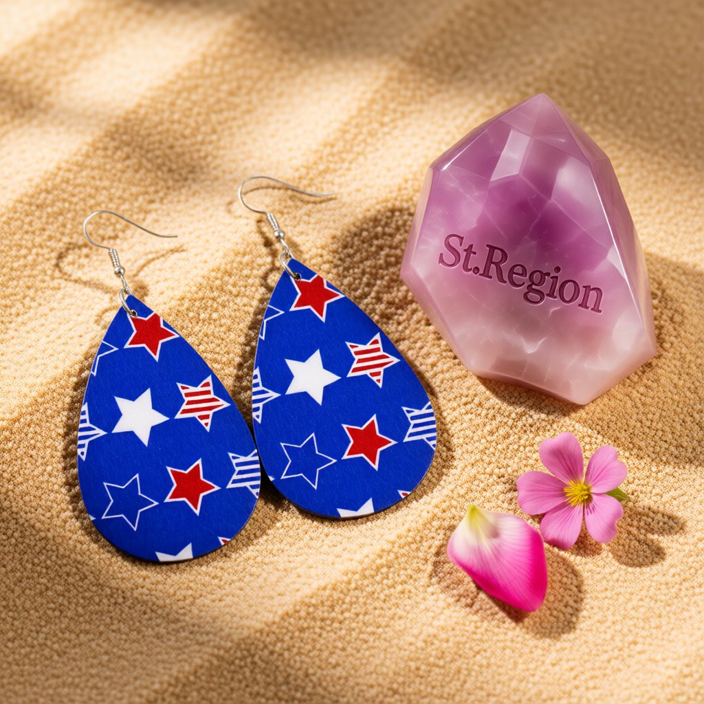 Blue and Red Polystyrene Star Teardrop Drop Earrings, drop earrings for women, botanical inspired, detail close-up