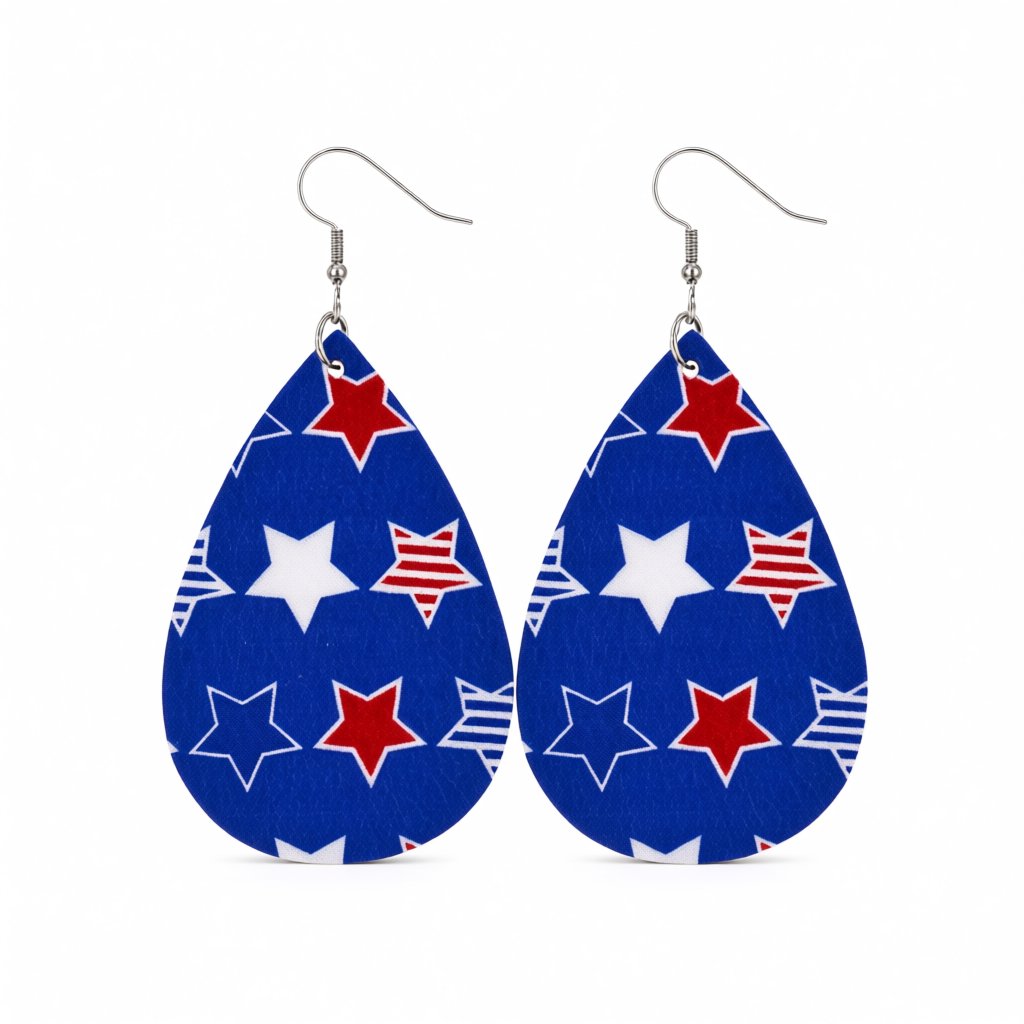 Blue and Red Polystyrene Star Teardrop Drop Earrings, drop earrings for women, botanical inspired, side view
