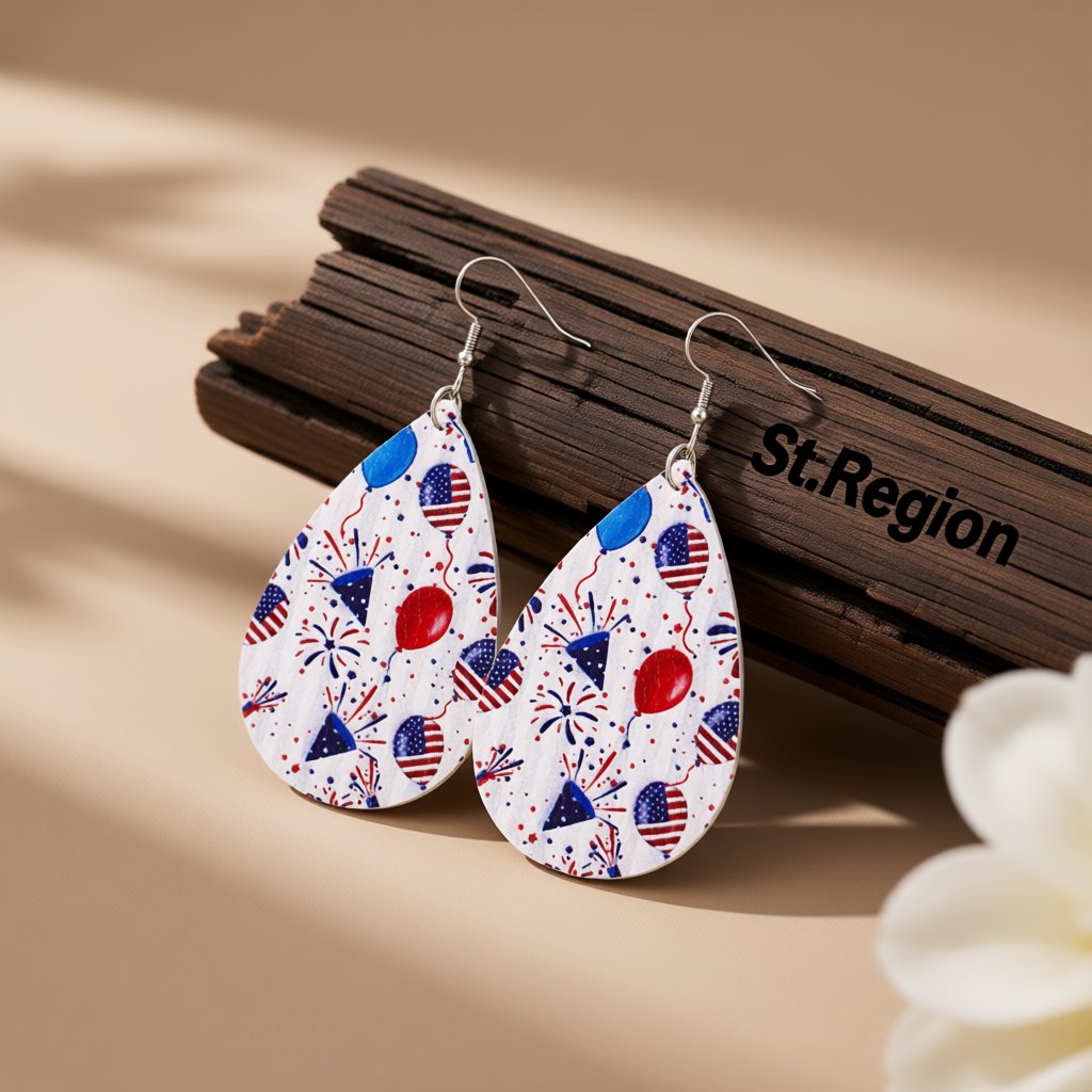 White and Red Polystyrene Celebration Teardrop Drop Earrings, drop earrings for women, botanical inspired, front view