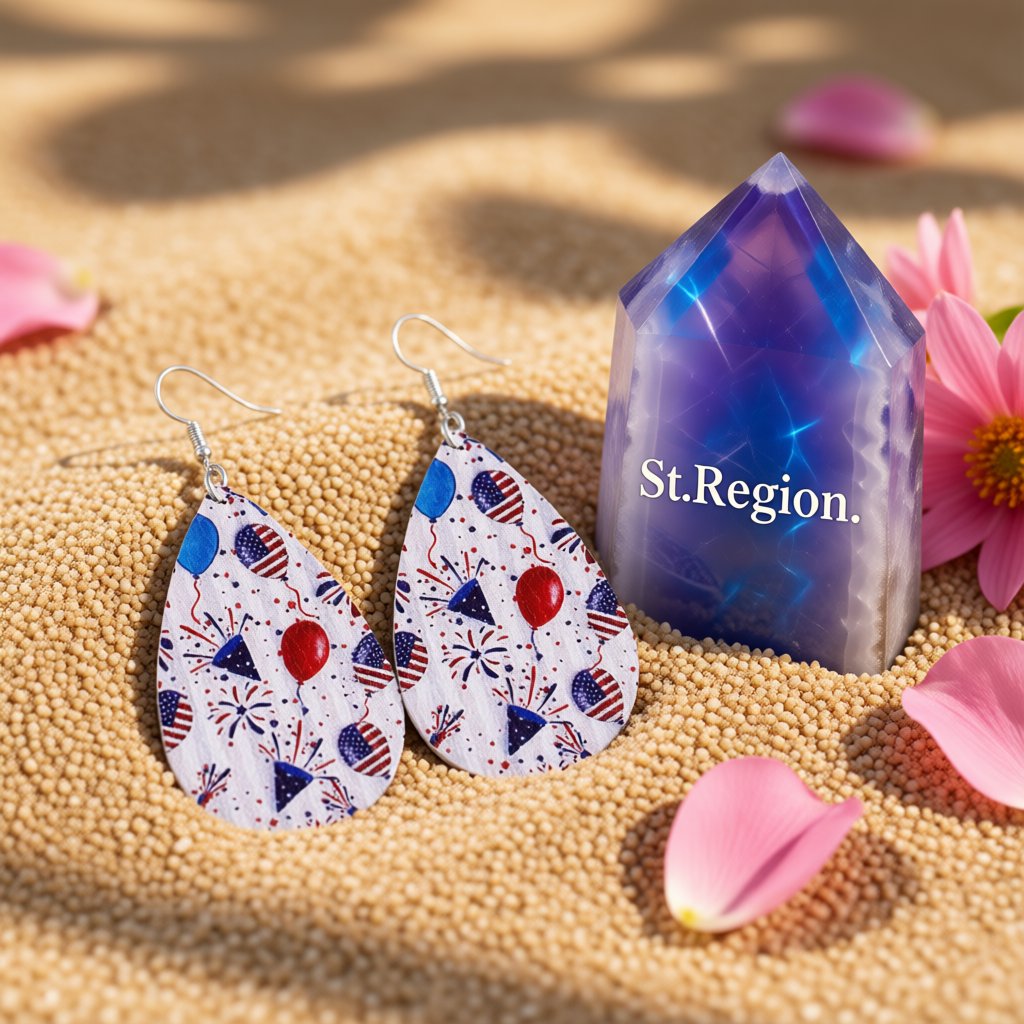 White and Red Polystyrene Celebration Teardrop Drop Earrings, drop earrings for women, detail close-up