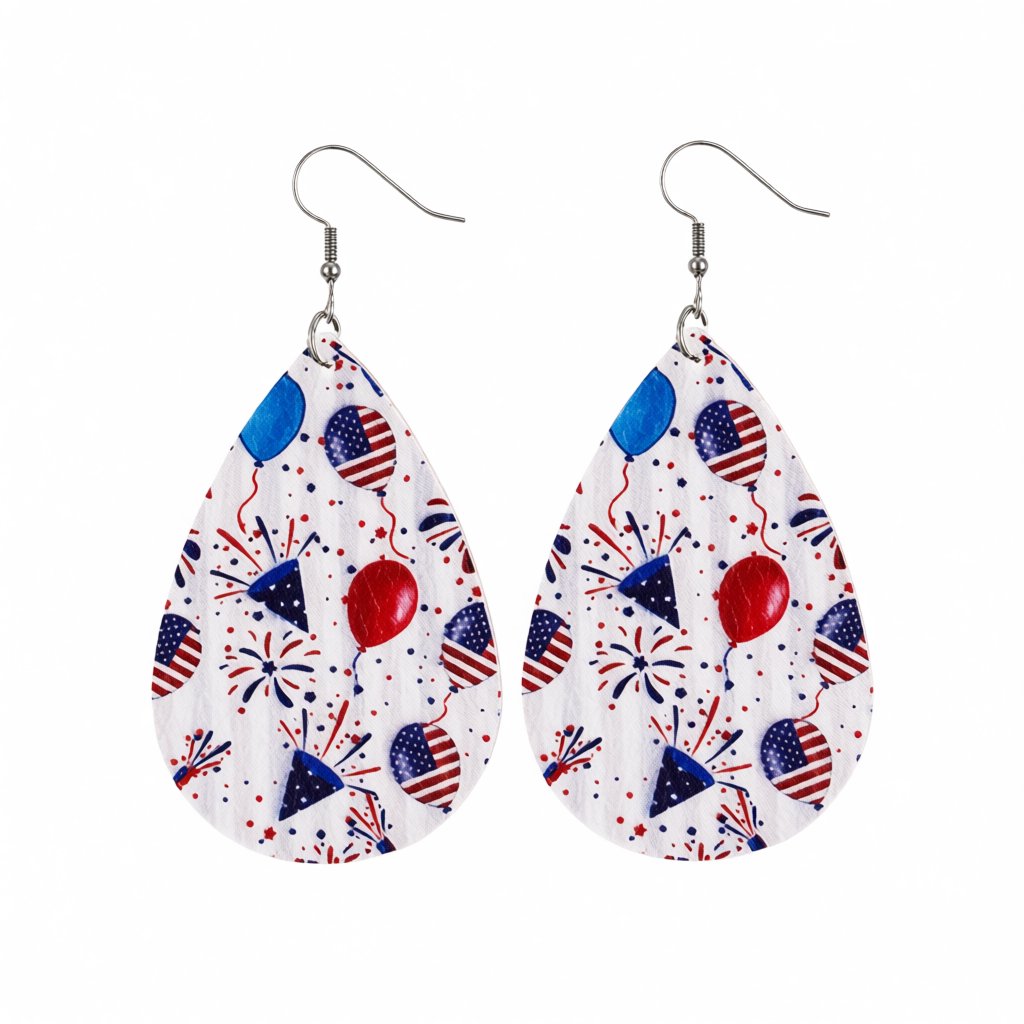 White and Red Polystyrene Celebration Teardrop Drop Earrings, drop earrings for women, botanical inspired, side view