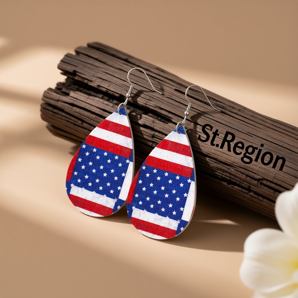 Blue and Red Polystyrene Stars and Stripes Teardrop Drop Earrings, drop earrings for women, botanical inspired, front view