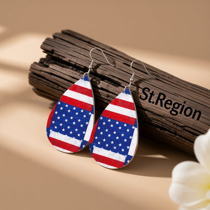 Blue and Red Polystyrene Stars and Stripes Teardrop Drop Earrings, drop earrings for women, botanical inspired, front view