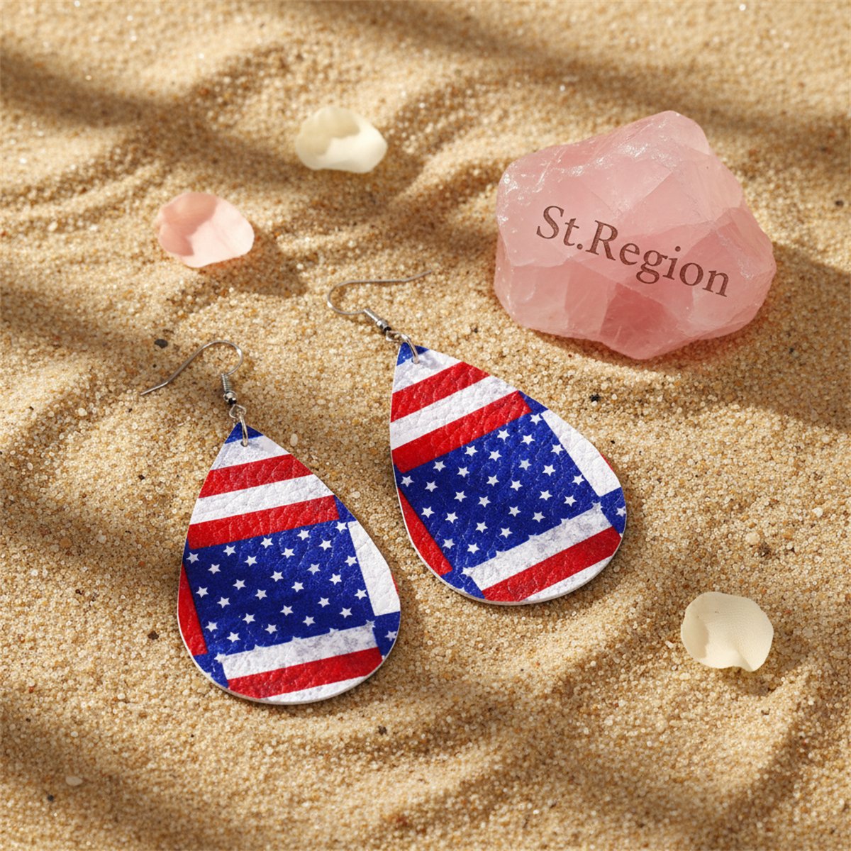 Blue and Red Polystyrene Stars and Stripes Teardrop Drop Earrings, drop earrings for women, detail close-up