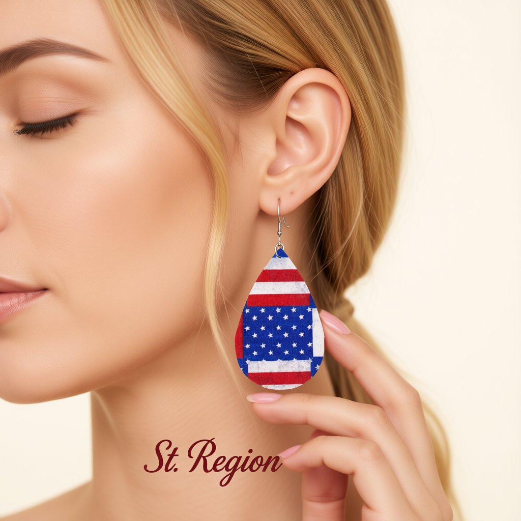 Blue and Red Polystyrene Stars and Stripes Teardrop Drop Earrings, drop earrings for women, botanical inspired, styled look