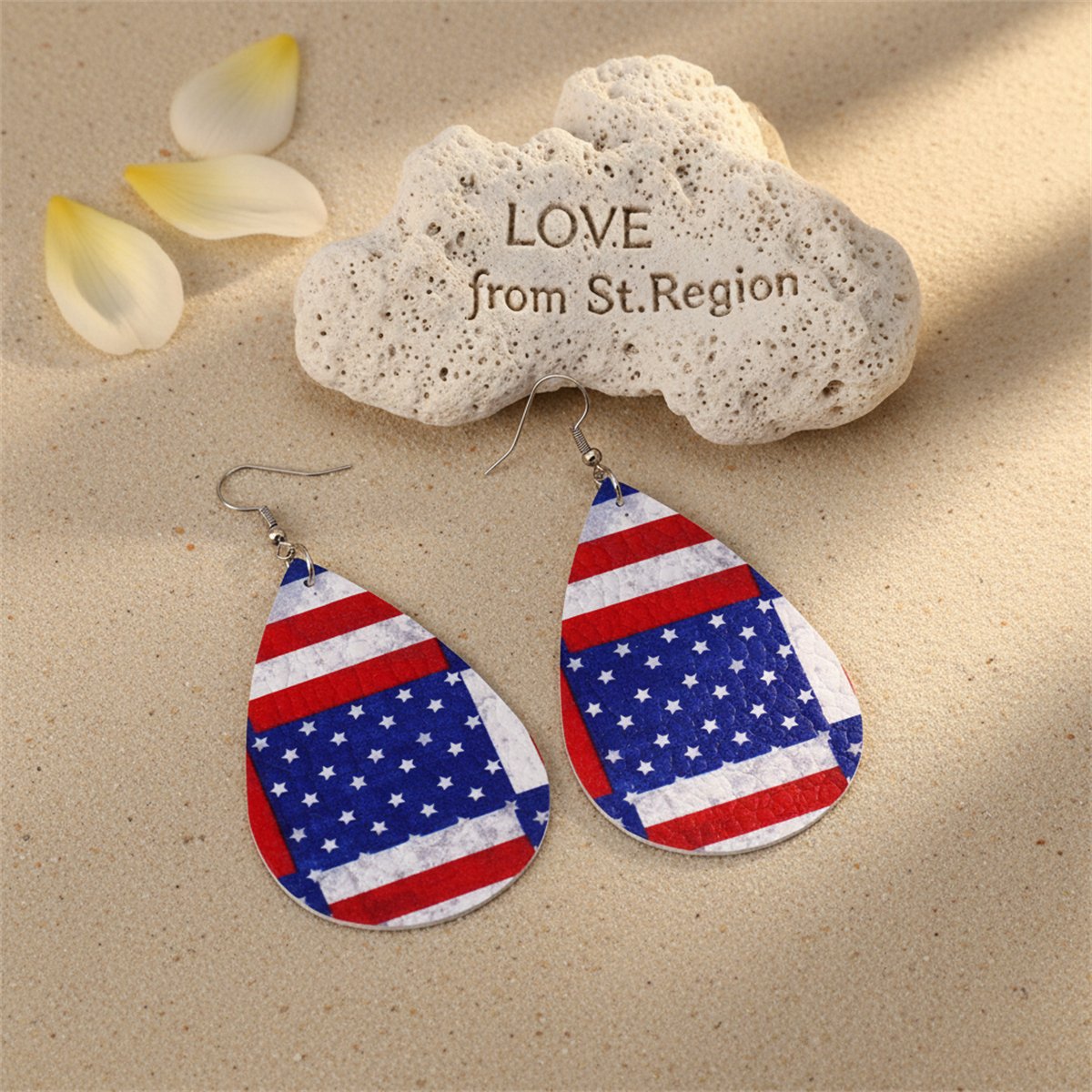 Blue and Red Polystyrene Stars and Stripes Teardrop Drop Earrings, drop earrings for women, lifestyle look