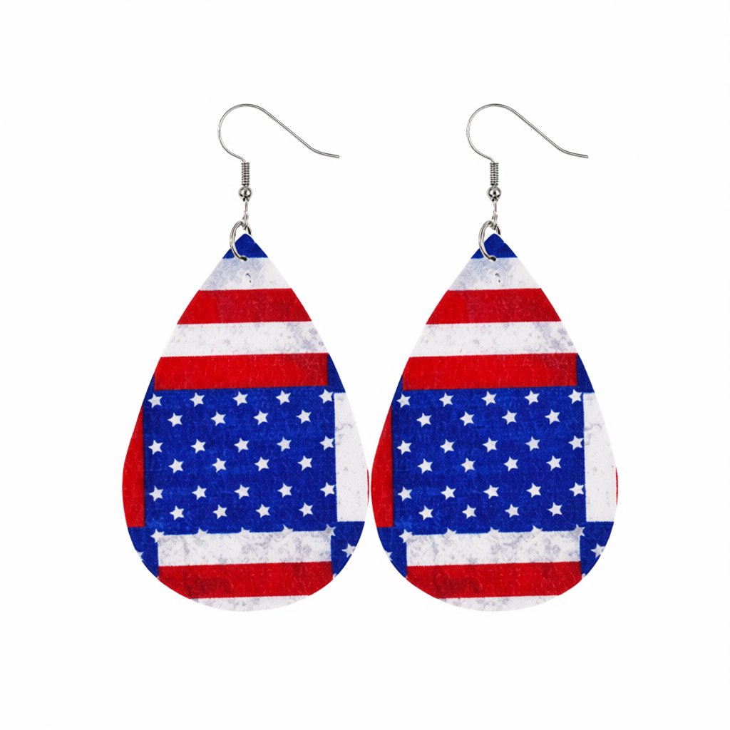 Blue and Red Polystyrene Stars and Stripes Teardrop Drop Earrings, drop earrings for women, botanical inspired, side view
