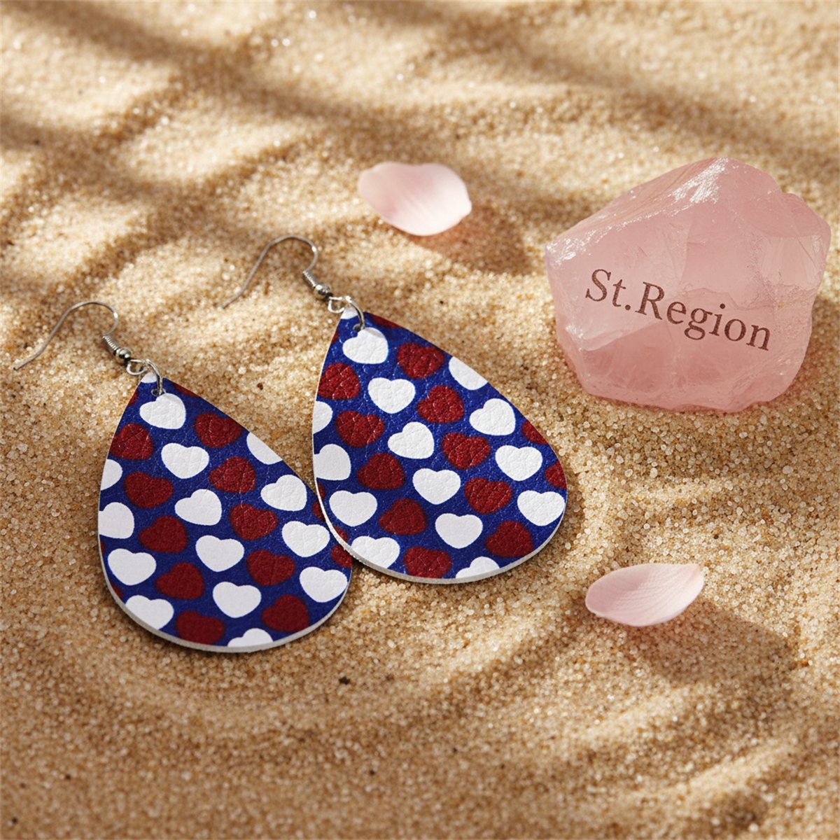 Blue and White Polystyrene Heart Teardrop Drop Earrings, drop earrings for women, dainty minimalist design, detail close-up