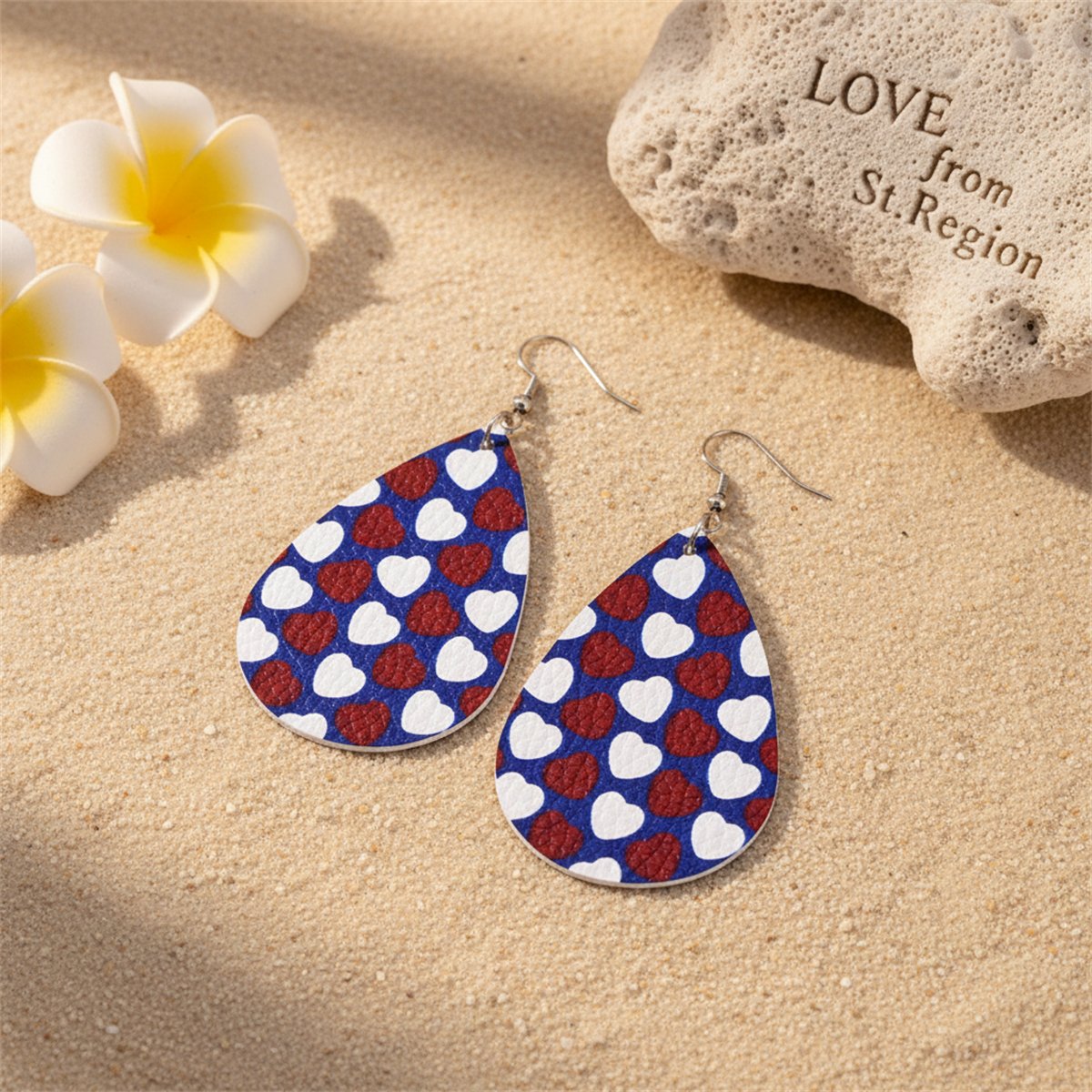 Blue and White Polystyrene Heart Teardrop Drop Earrings, drop earrings for women, dainty minimalist design, lifestyle look