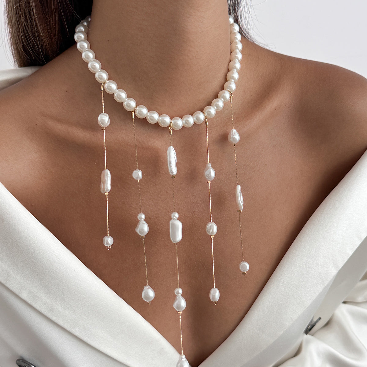 Pearl and Goldtone Tassel Collar Necklace, elegant gift for her, lifestyle look