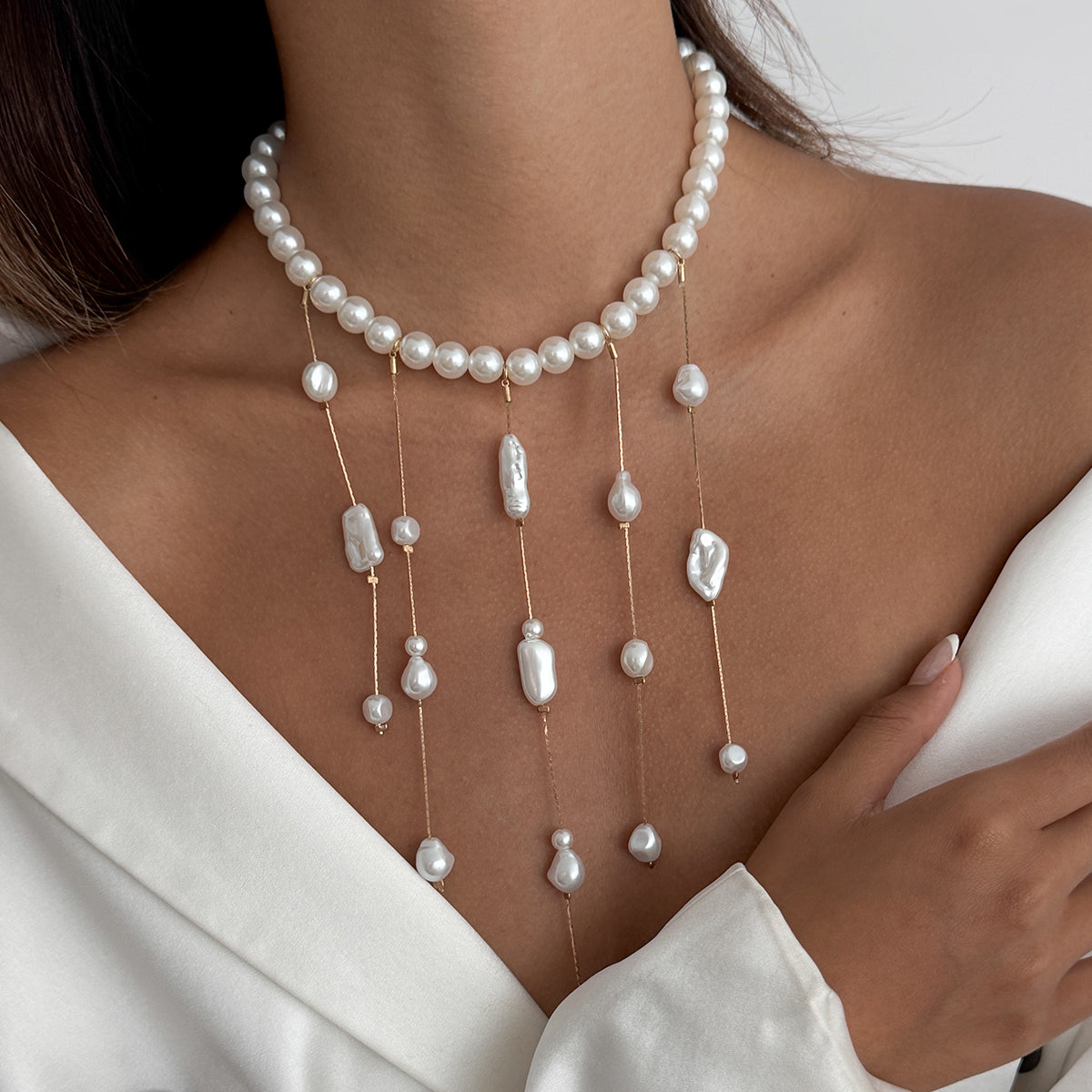 Pearl and Goldtone Tassel Collar Necklace, elegant gift for her, styled look