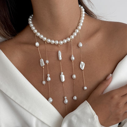 Pearl and Goldtone Tassel Collar Necklace, elegant gift for her, styled look