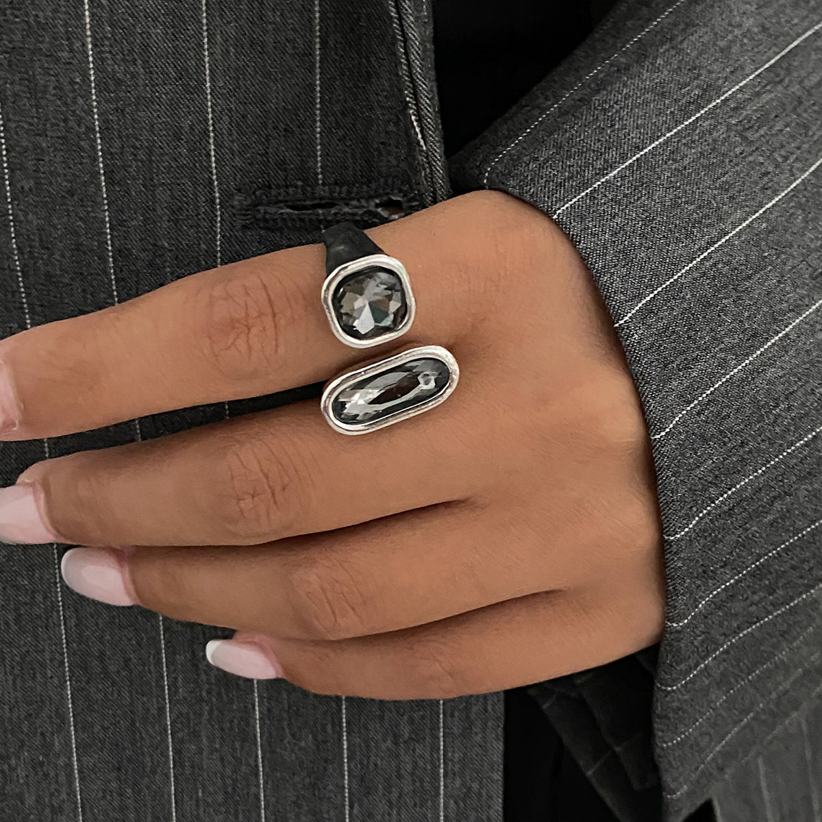 Gray Crystal and Silvertone Rectangle Square Open Ring, botanical inspired, styled look