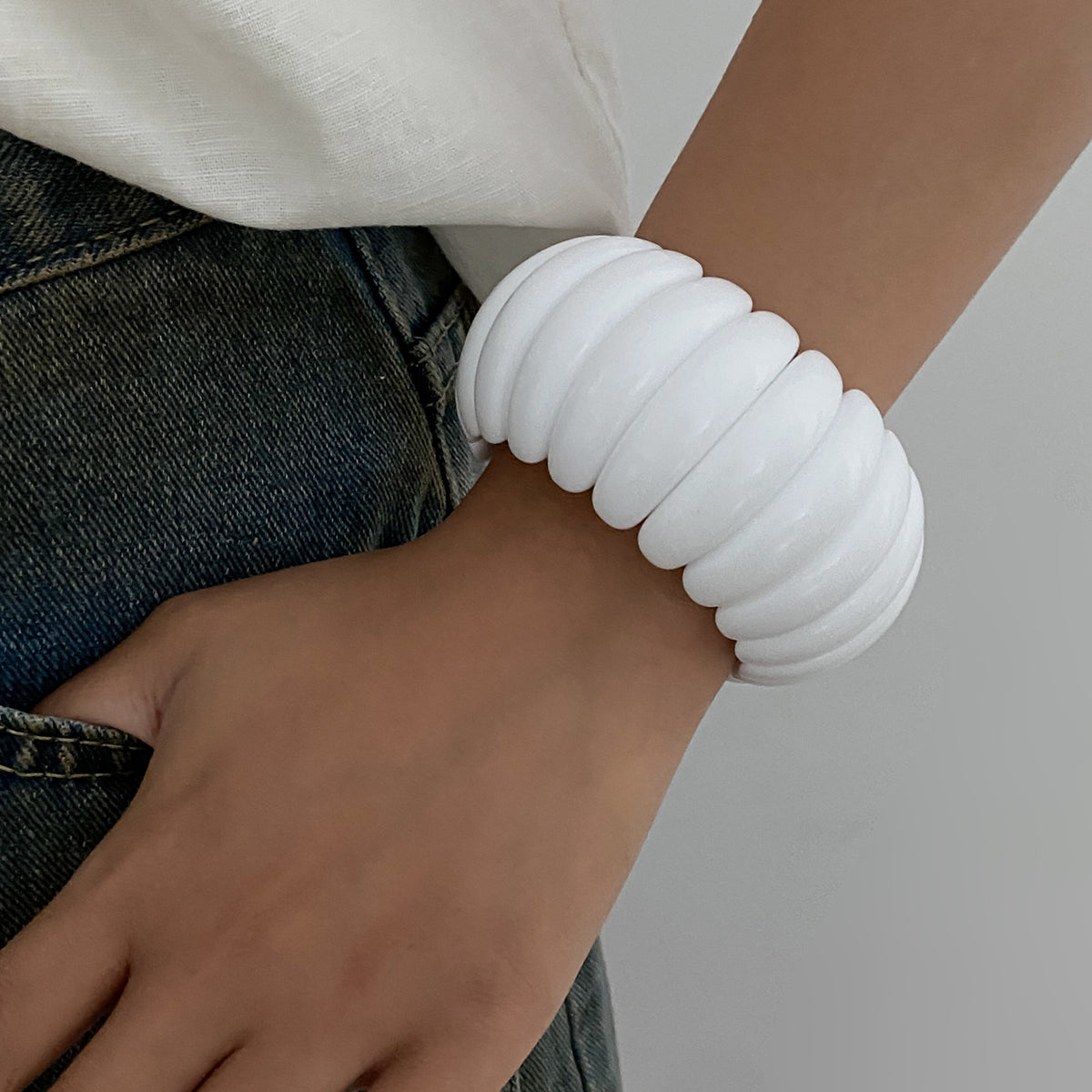 White Resin Tire Stretch Bracelet, botanical inspired, styled look