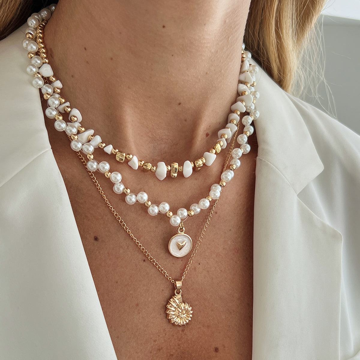 Pearl and Turqouise Enamel Goldtone Conch Pendant Necklace Set, gold pendant necklace for women, styled look