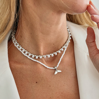 Pearl and Howlite Silvertone Fishtail Pendant Necklace Set, silver pendant necklace for women, styled look