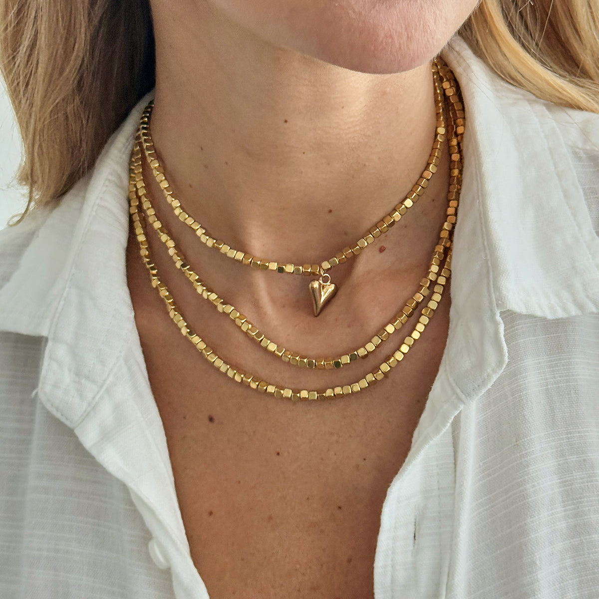 Goldtone Bead Chain Small Heart Pendant Toggle Necklace, everyday style, lifestyle look