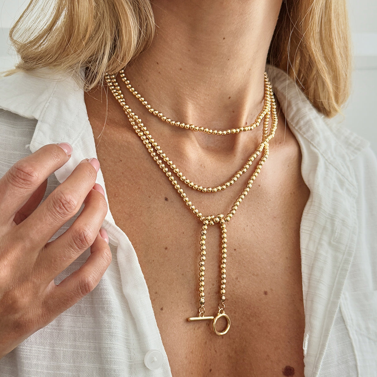 Goldtone Bead Chain Toggle Necklace, dainty minimalist design, lifestyle look