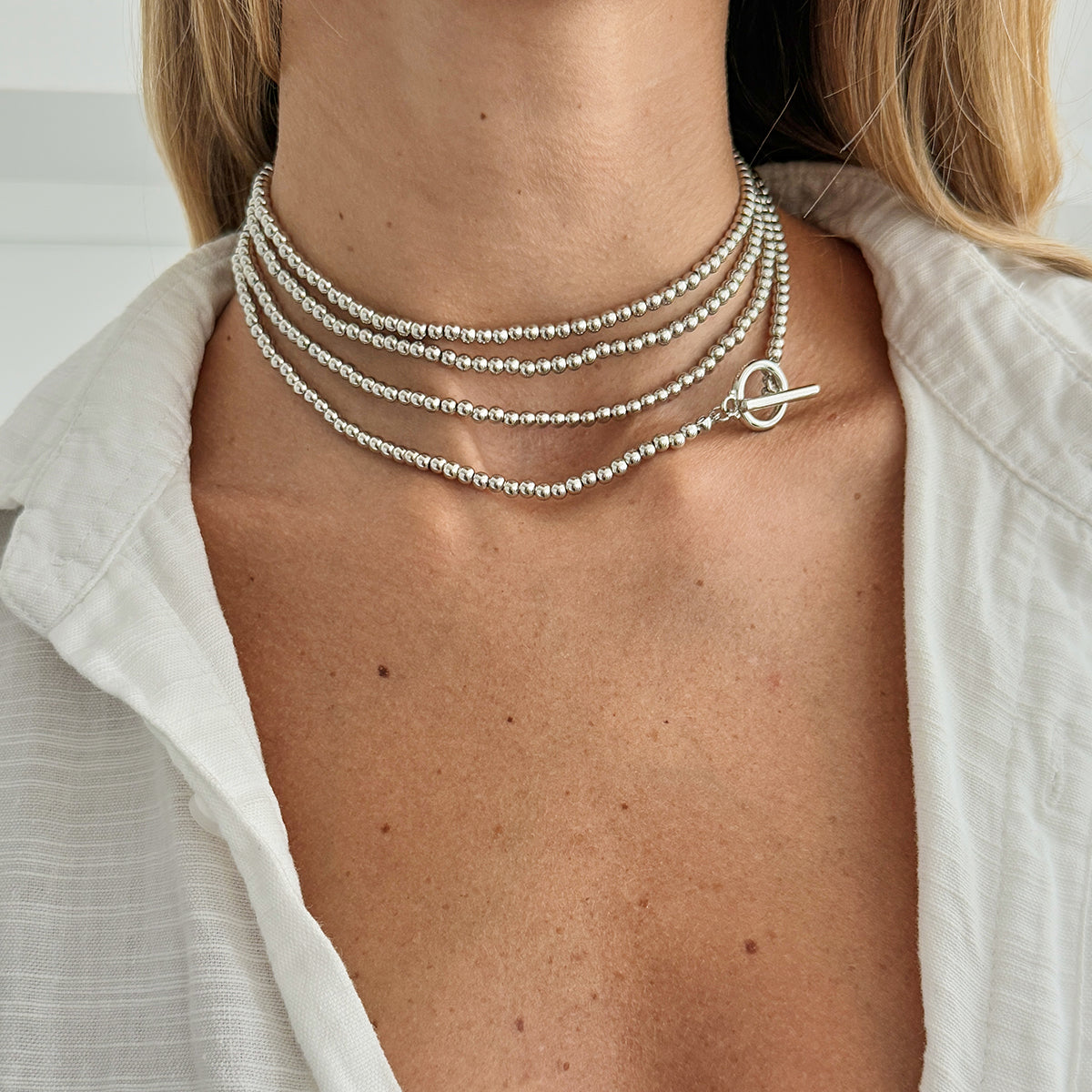 Silvertone Bead Chain Toggle Necklace, botanical inspired, lifestyle look
